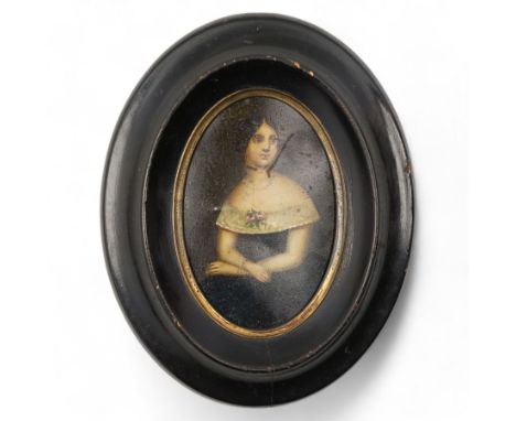 19th century Russian miniature oval portrait of a lady, half length, seated in ebonised frame 8cm x 5.5cm