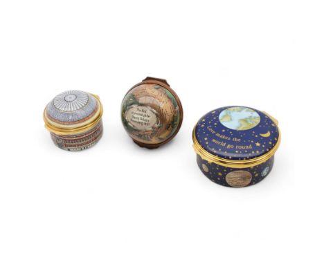 Three Halcyon Days enamel boxes comprising 'The first terrestrial globe Martin Behaim Nuremberg 1492', 'Love makes the world 