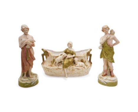 Pair of Royal Dux male and female figures holding doves, H24cm and smaller and a Royal Dux figural planter, modelled as a you