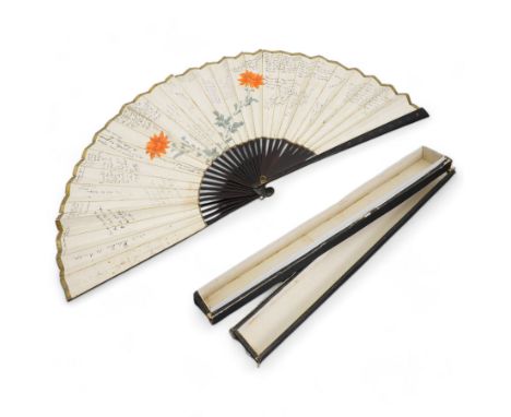 Late 19th century Japanese hand painted paper and stained bamboo folding fan, decorated to both sides with birds and flowers,