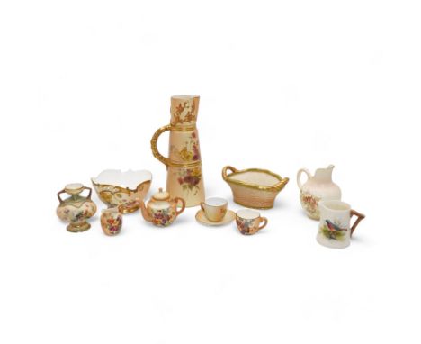 Royal Worcester porcelain including a blush ivory twin-handled basket, shape no. 2365, L13.5cm, blush ivory jug, of tapering 