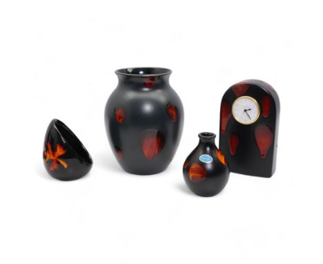 Poole Pottery Galaxy mantle clock, H23cm, together with two Galaxy pattern vases and a salt cellar (4)