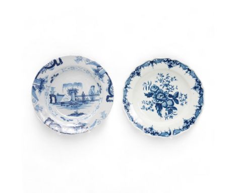 First Period Worcester plate, decorated in the Pine Cone pattern, cresent mark beneath D22.5cm, together with an 18th century