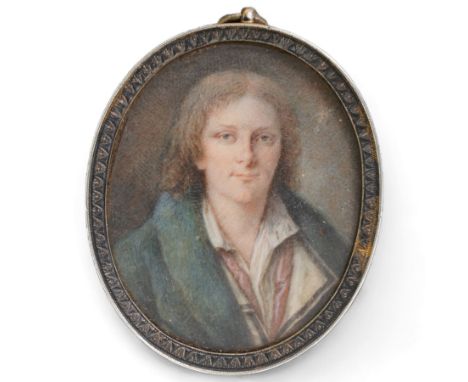 French School (Early 19th century): Head and Shoulders Portrait of a Gentleman with Long Parted Hair with Open Shirt Collar, 
