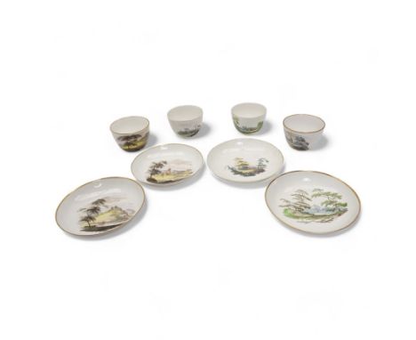 Set of four Pinxton porcelain bute shaped teacups and saucers, circa 1796-1813, pattern no. 218, painted in polychrome with l