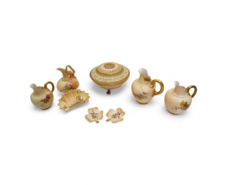 Royal Worcester blush ivory porcelain to include a pot pourri bowl with pierced cover, no. G935, ewer with winged beast mould