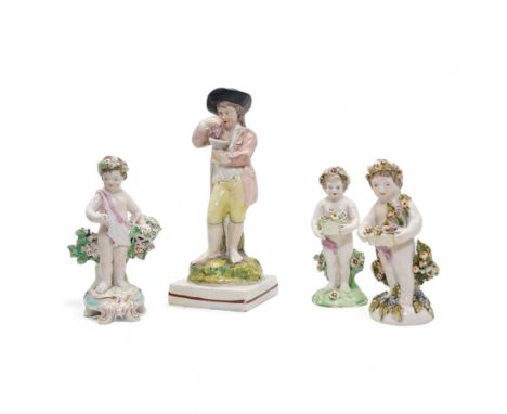 Derby porcelain model of a cherub holding a basket of flowers and wearing a chaplet, H13cm, another Derby cherub holding a ba