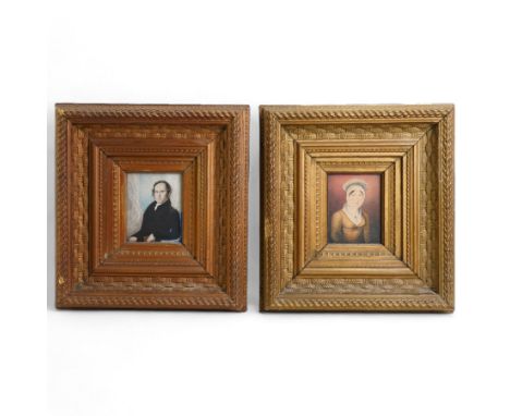 English School (early 19th century): Portrait of a Gentleman and Lady, miniature watercolour on ivory and miniature watercolo