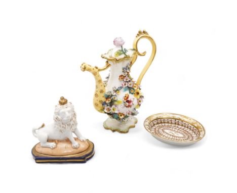 Early 19th century English porcelain miniature rosewater sprinkler in the form of a coffee pot, floral encrusted and painted 