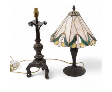 Art Nouveau style bronzed metal table lamp with Tiffany style shade, H51cm, and another bronzed metal Art Nouveau style lamp 