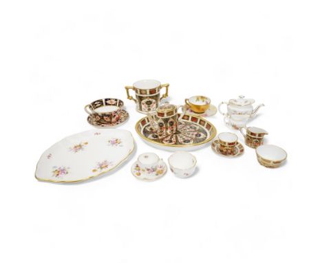 Royal Crown Derby 1128 miniature tea set, Derby Posies miniature tea set, a teacup and saucer, a twin handled mug and Royal W