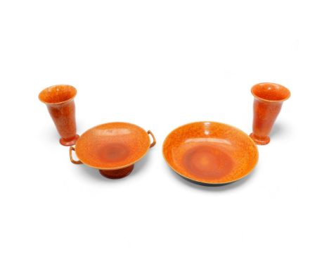 Collection of Pilkington Royal Lancastrian mottled orange wares, to include a pair of vases, H18cm, bowl and a twin-handled c