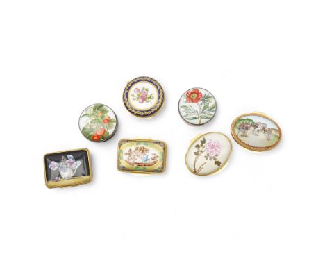 Seven Halcyon Days enamel boxes including 'The Tercentenary of Rotten Row 1690-1990', Sevres inspired box, 'Pansies in a Jug 