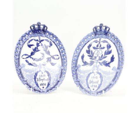 Two Royal Copenhagen commemorative oval plaques, the first dated 1818-1898 produced to celebrate King Christian IX's 80th bir