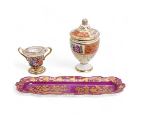 Early 19th century Spode pastille burner, of twin handled urn form, the body hand painted with a basket of flowers and furthe