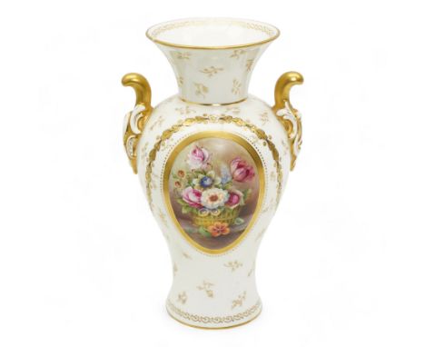 Early 20th century Royal Worcester porcelain twin handled vase, circa 1910, painted with a basket of flowers by Ernest Philli