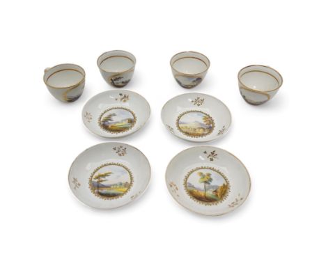 Set of four Pinxton porcelain bute shaped teacups and saucers, circa 1796-1813, pattern no. 58, painted in polychrome with ci