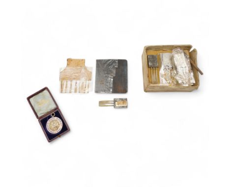 Number of gold leaf booklets, brushes etc and Presidents Badge Burnley 1900 hallmarked silver medal in box