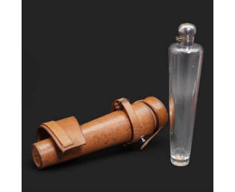 Early 20th century silver-plated and glass stirrup flask, in tan leather case, unmarked but possibly by James Dixon & Sons, L