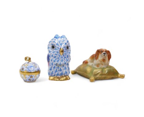 Herend miniature porcelain model of an owl and pierced pendant with 18k gold plate bale, together with an early 20th century 