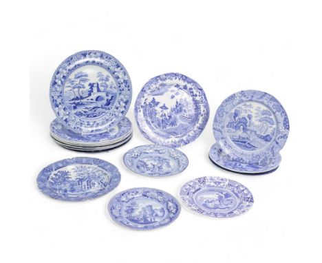 Early 19th century blue and white transfer printed plates including J &amp; R Clews 'Wingfield Castle Suffolk', Copeland &amp