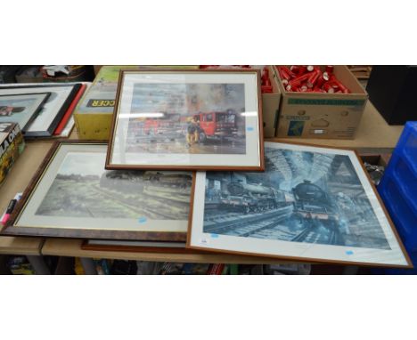 5 framed prints - steam train and fire engine interest.