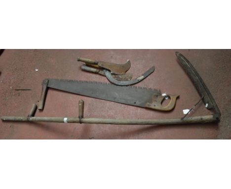 Large scythe and 4 other wooden hand tools. [NO RESERVE]