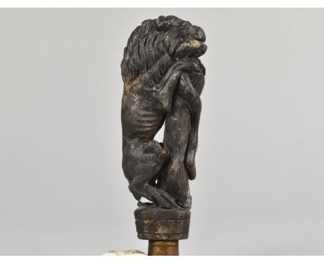 An Interesting 19th Century Carved Slate Allegorical Finial or Mount, in the Form of a Lion on Tree Trunk with Serpent in Mou