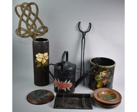 A Collection of Various Painted Bargeware Style Items to include Wastebins, Watering Can and Stick Stand, Also Carpet Beater,