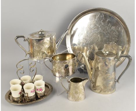 A Collection of Silver Plate to Comprise Four Piece Tea Service with Foliate Decoration, Circular Tray, Ceramic and Metal Mou