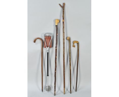 A Vintage Shooting Stick and Collection of Rustic Walking Sticks