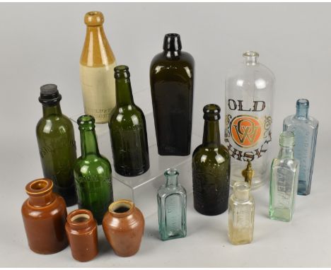 A Collection of Various Vintage Glass Bottles, Stoneware Ginger Beer Bottle and Three Pots