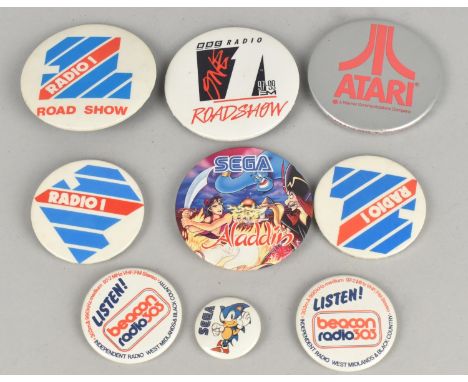 A Collection of Vintage Pin Badges to Include Radio 1, Sega Aladdin, Sega Sonic, Atari etc