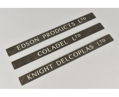 Three Engraved Bronze Company Plaques for Colabel, Knight Delcoplas and Edson Products , Each 30x2.5cms
