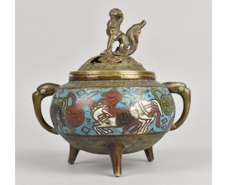 A Chinese Bronze and Enamelled Two Handled Lidded Censer with Temple Lion Finial, 15cm High and 11cms Diameter