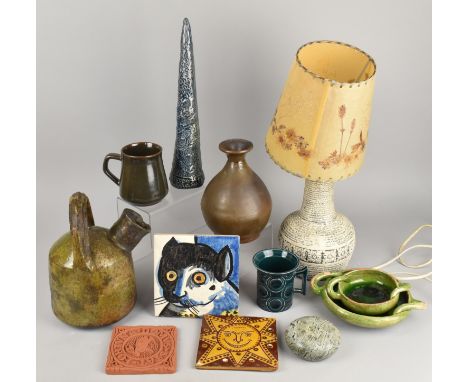 A Collection of Various Studio and Other Pottery to Comprise Hand Painted Cat Tile and Bideford Pottery Tile, Green Glazed Bo