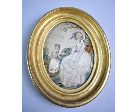 A Small Gilt Framed Georgian Silkwork Embroidery C.1830, Depicting Mother and Daughter