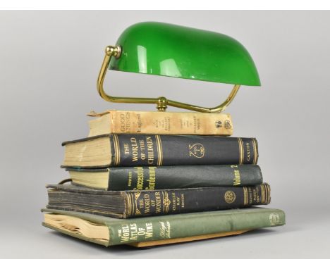 A Novelty Table Lamp Formed from a Pile of Books and a Brass Desk Lamp with Green Glass Shade, 30cms Wide