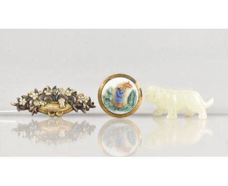 A Miniature Chinese Carved Jade Tiger Pendant Together with a Japanese Mixed Metal Mount and a Chinoiserie Cufflink