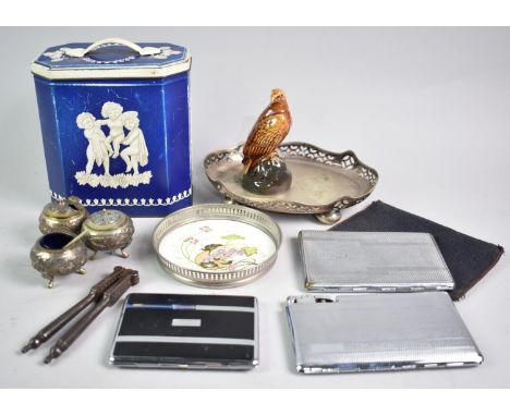 A Small Collection of Sundries to include Vintage Cigarette Cases, one with Lighter, a Three Part Indian White Metal Cruet Se