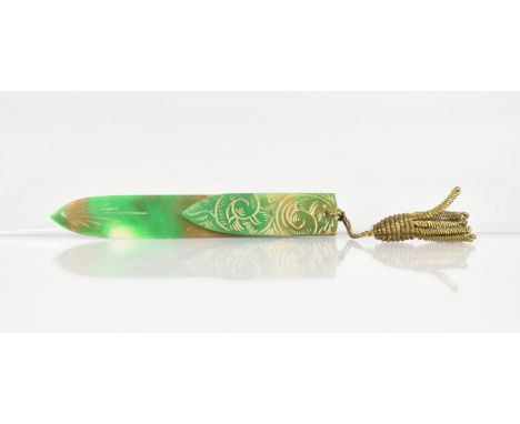 A Vintage Plastic Faux Jade Bookmark with Gilt Wire Tassel, 9.5cm Long