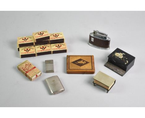A Collection of Various Vintage Boxes of Matches (Still Full), Table and Two Pocket Lighters, Matchbox Holder, Lacquered Vest