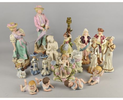 A Collection of Various Continental Porcelain Figures to Comprise Spills, Figural Lamp Base etc (Various Condition)