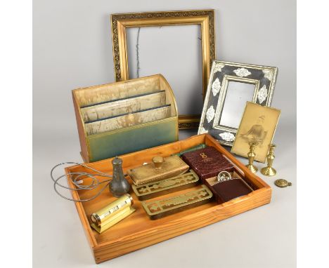 A Collection of Various Sundries to Comprise Leather Mounted Desktop Stationery Rack, Blotter, Hip Flask, Tray etc