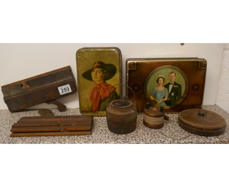 Early tools &amp; 2 biscuit tins