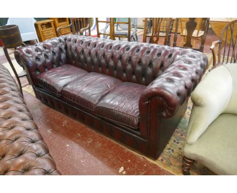 Oxblood leather 3 seater Chesterfield sofa - Approx L: 195cm