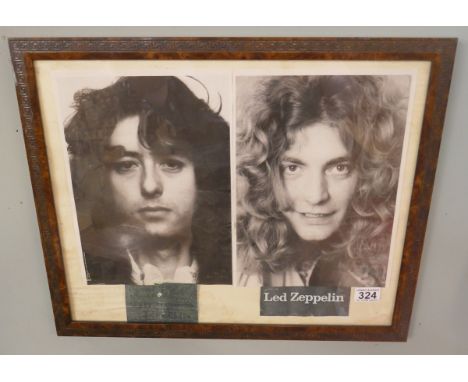 Framed Led Zeppelin ephemera to include early ticket