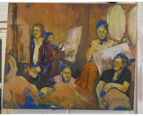 Large oil painting on canvas - Art Class signed Van Meer - Approx 80cm x 97cm