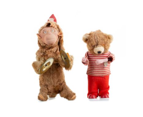 TINPLATE AND PLUSH CLOCKWORK MONKEY WITH CYMBALS TOY,attributed to Max Carl, together with a West German clockwork bear toy (