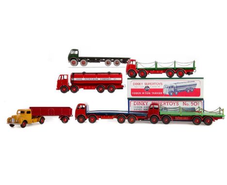 DINKY DIE-CAST MODELS,eight haulage vehicles including Leyland Octopus Esso (restored), Commer, Foden Tanker and flatbeds, tw